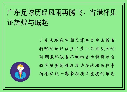 广东足球历经风雨再腾飞：省港杯见证辉煌与崛起